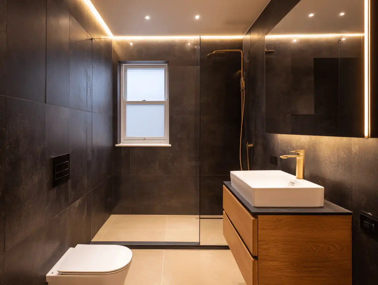 Reforma de baño en gres negro con mueble de madera en Sabadell