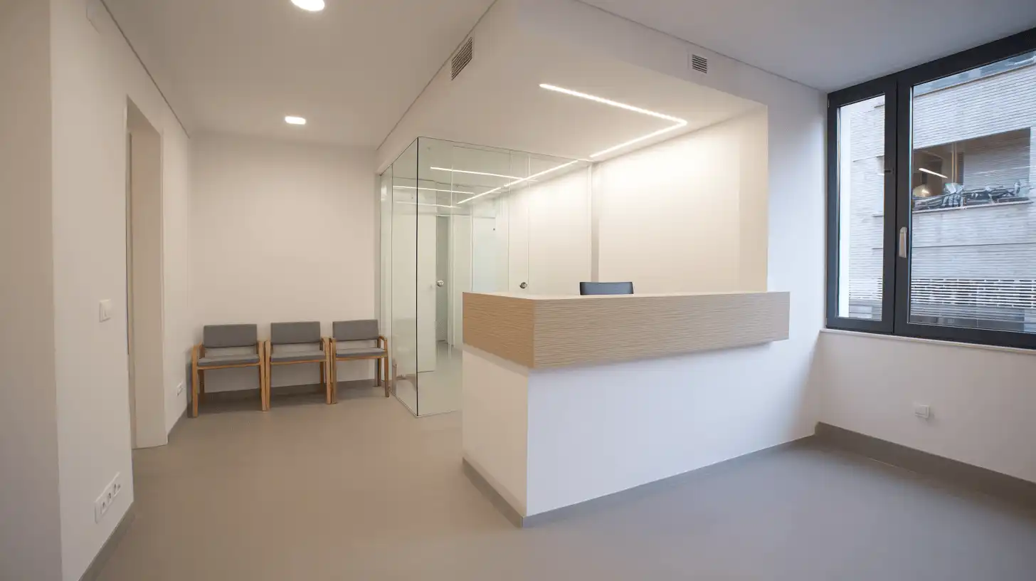 Recepción de una clínica reformada con mampara de cristal y mostrador de madera en Sabadell